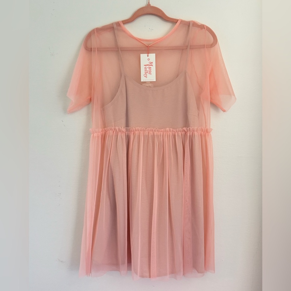 Muse Valley See You Monday Peach Tiered Babydoll Mini Dress Sheer Overlay NWT